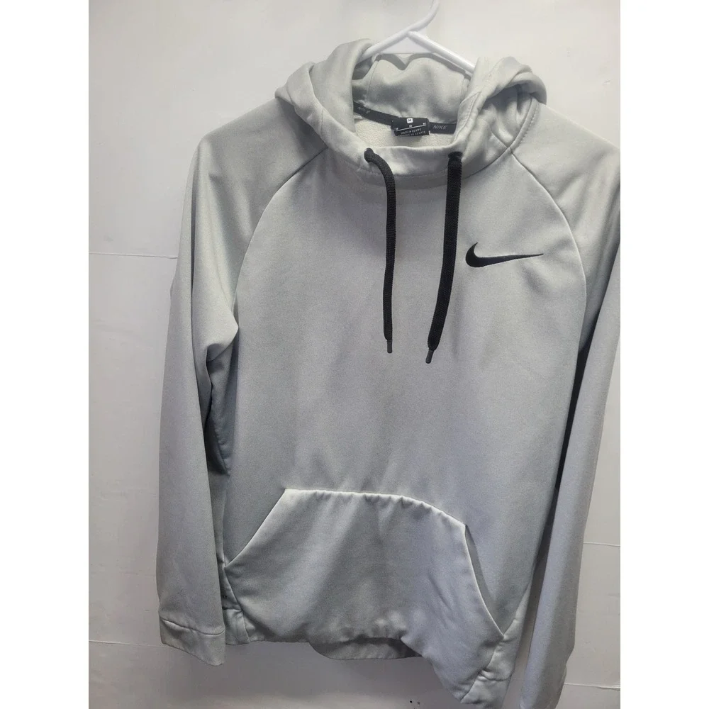 Nike Mens Dri-FIT Pullover Hoodie Grey Black Swoosh Training Sweatshirt Medium